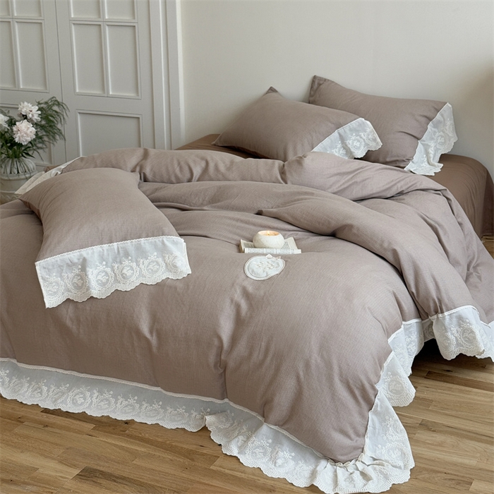 91家纺网 家纺一手货源 找家纺 曼布缇 2025新款A类双层纱花边四件套--浪漫香榭 巧克力色