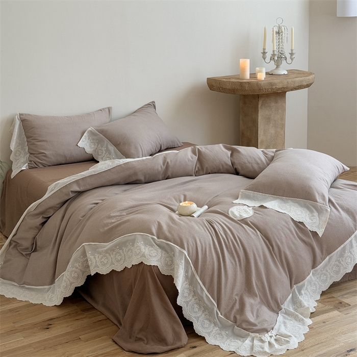91家纺网 家纺一手货源 找家纺 曼布缇 2025新款A类双层纱花边四件套--浪漫香榭 巧克力色