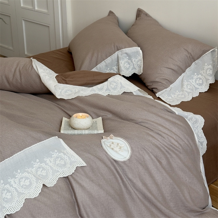 91家纺网 家纺一手货源 找家纺 曼布缇 2025新款A类双层纱花边四件套--浪漫香榭 巧克力色