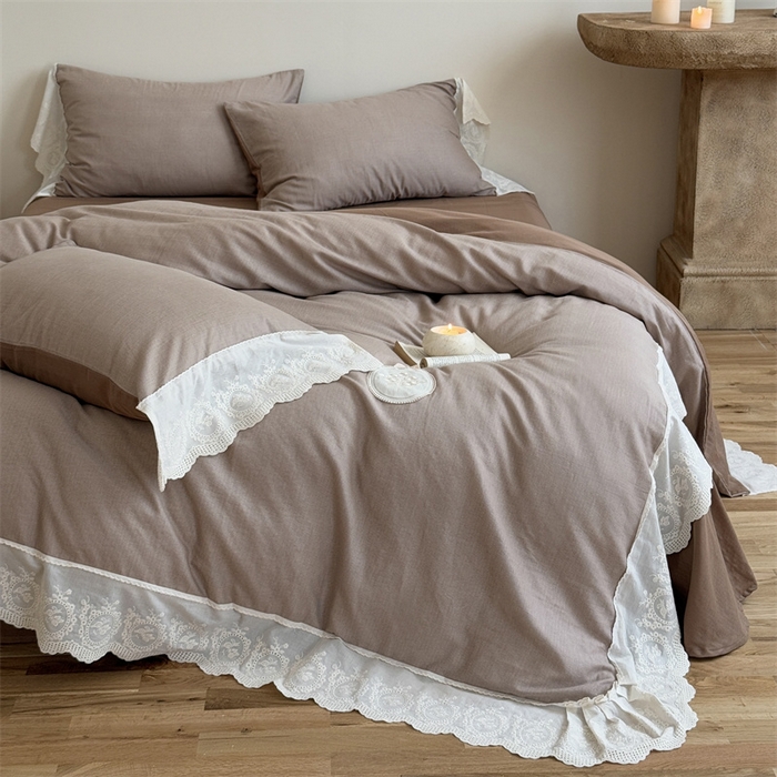 91家纺网 家纺一手货源 找家纺 曼布缇 2025新款A类双层纱花边四件套--浪漫香榭 巧克力色