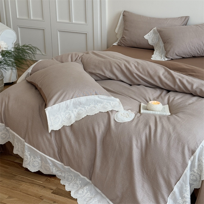 91家纺网 家纺一手货源 找家纺 曼布缇 2025新款A类双层纱花边四件套--浪漫香榭 巧克力色