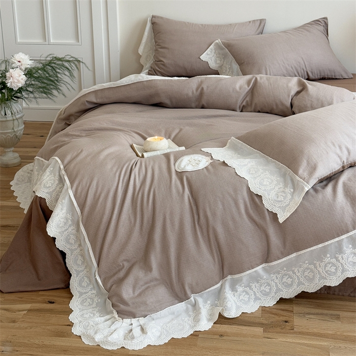 91家纺网 家纺一手货源 找家纺 曼布缇 2025新款A类双层纱花边四件套--浪漫香榭 巧克力色