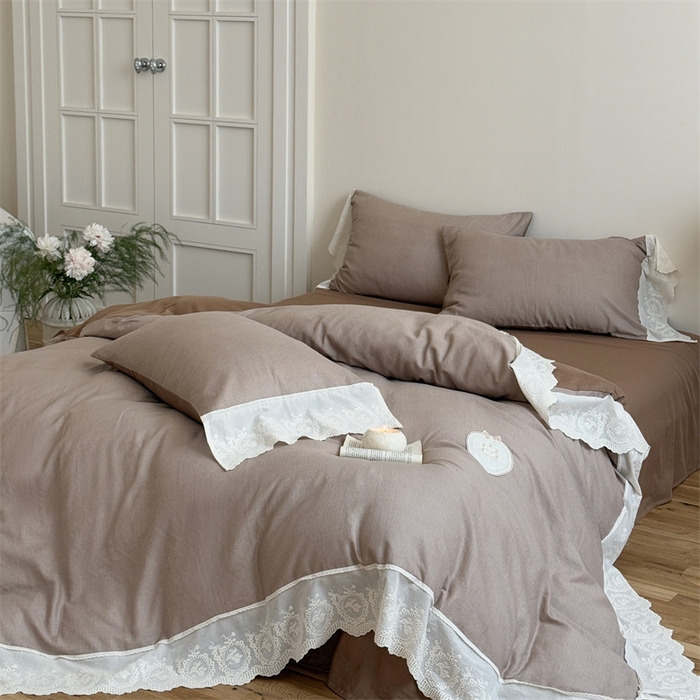 91家纺网 家纺一手货源 找家纺 曼布缇 2025新款A类双层纱花边四件套--浪漫香榭 巧克力色