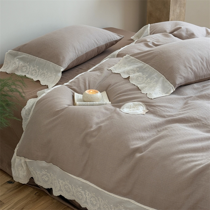 91家纺网 家纺一手货源 找家纺 曼布缇 2025新款A类双层纱花边四件套--浪漫香榭 巧克力色