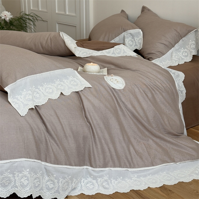 91家纺网 家纺一手货源 找家纺 曼布缇 2025新款A类双层纱花边四件套--浪漫香榭 巧克力色