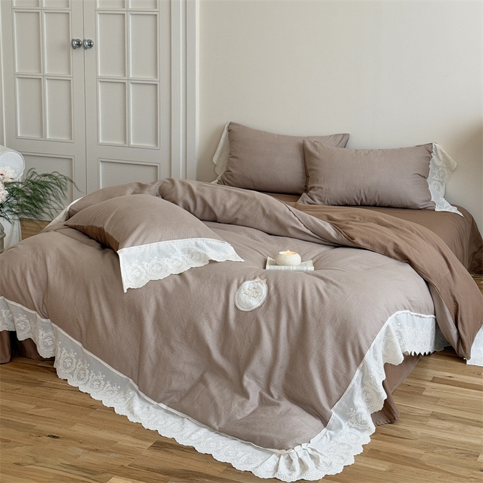 91家纺网 家纺一手货源 找家纺 曼布缇 2025新款A类双层纱花边四件套--浪漫香榭 巧克力色