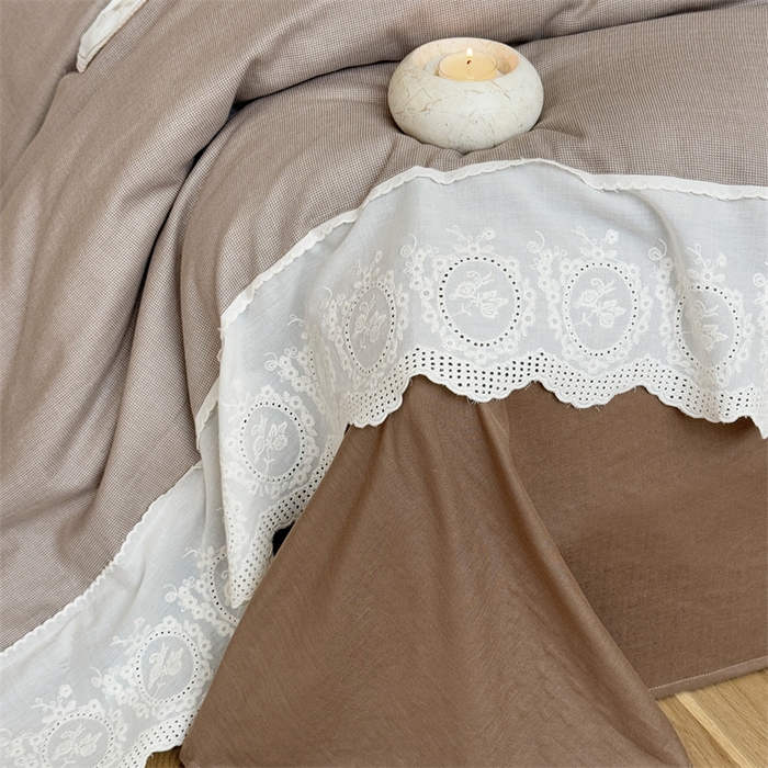 91家纺网 家纺一手货源 找家纺 曼布缇 2025新款A类双层纱花边四件套--浪漫香榭 巧克力色