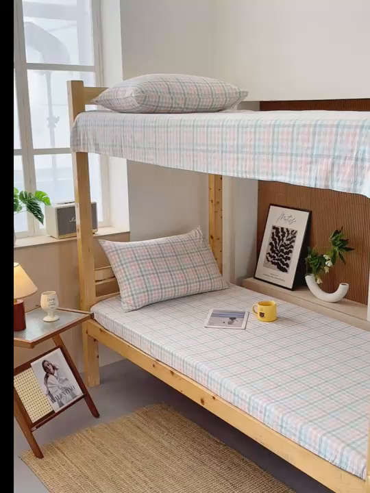 91家纺网 家纺一手货源 找家纺 北欧良品2025新款色织水洗棉学生单品床笠 纯棉-冰淇淋格