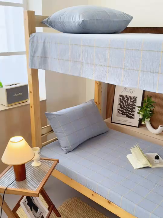 91家纺网 家纺一手货源 找家纺 北欧良品2025新款色织水洗棉学生单品床笠 纯棉-金线格蓝