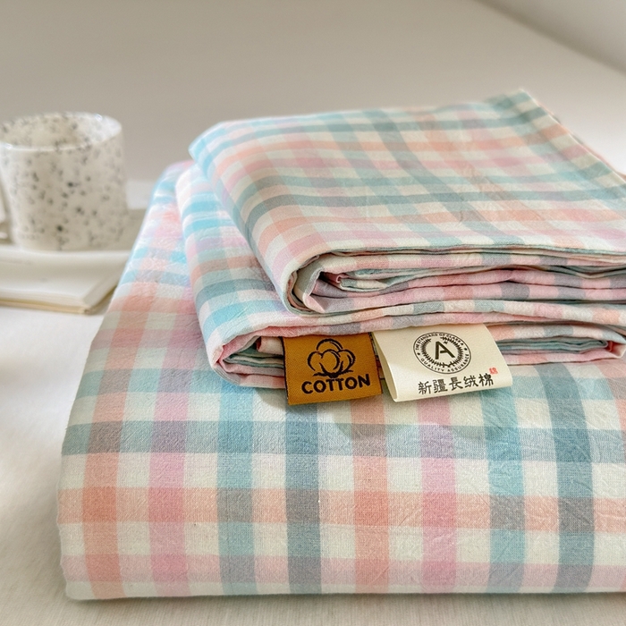 91家纺网 家纺一手货源 找家纺 北欧良品2025新款色织水洗棉学生单品床单 纯棉-冰淇淋格