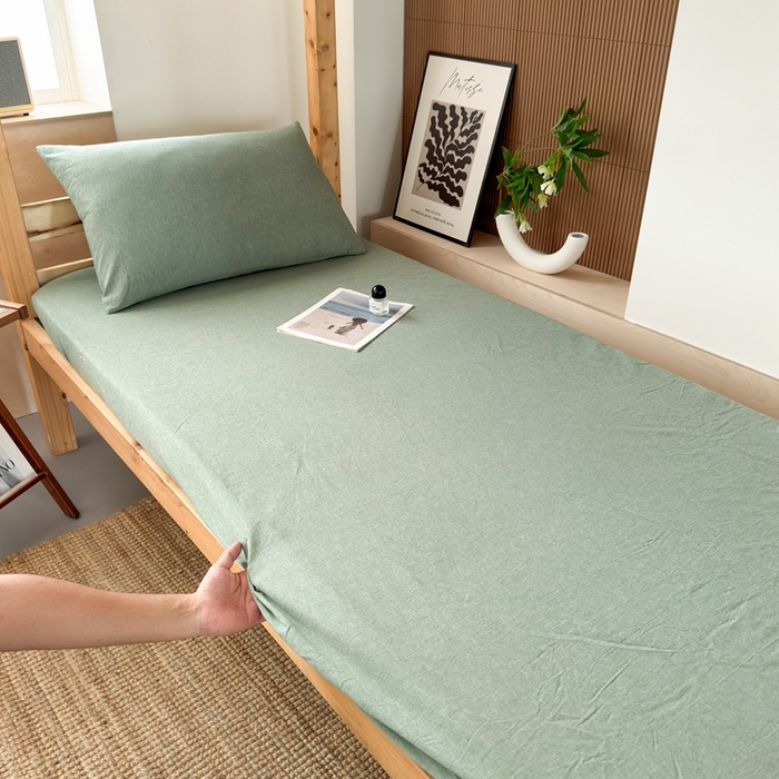 91家纺网 家纺一手货源 找家纺 北欧良品2025新款色织水洗棉学生单品床单 纯棉-草绿