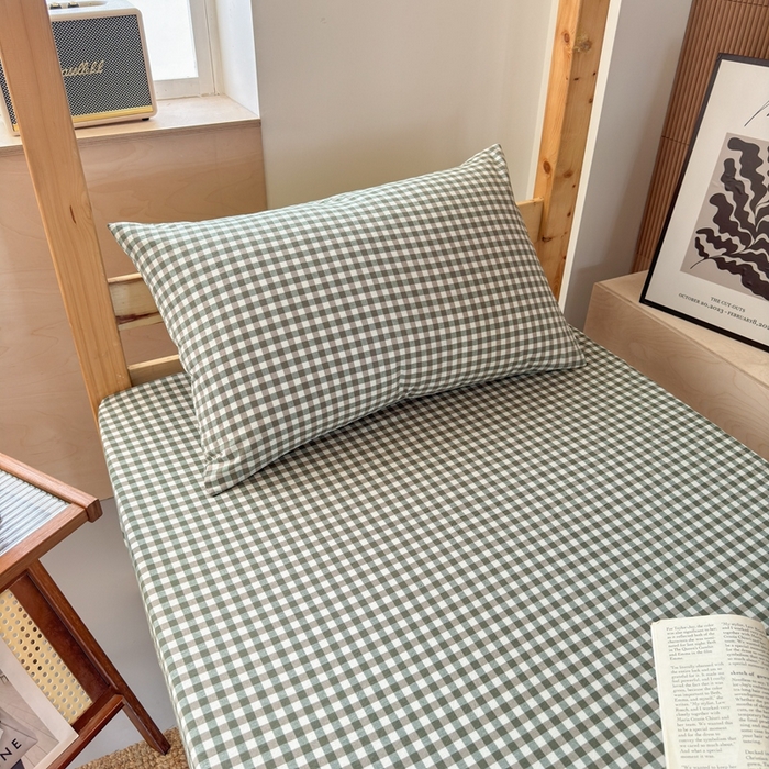 91家纺网 家纺一手货源 找家纺 北欧良品2025新款色织水洗棉学生单品床单 纯棉-草绿小格