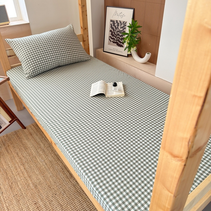 91家纺网 家纺一手货源 找家纺 北欧良品2025新款色织水洗棉学生单品床单 纯棉-草绿小格