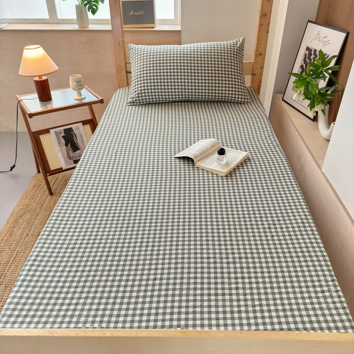 91家纺网 家纺一手货源 找家纺 北欧良品2025新款色织水洗棉学生单品床单 纯棉-草绿小格