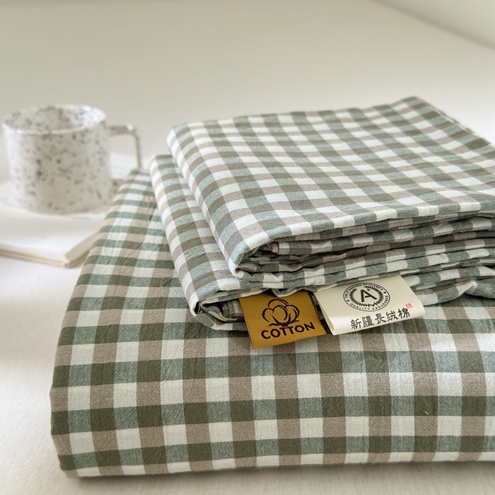 91家纺网 家纺一手货源 找家纺 北欧良品2025新款色织水洗棉学生单品床单 纯棉-草绿小格