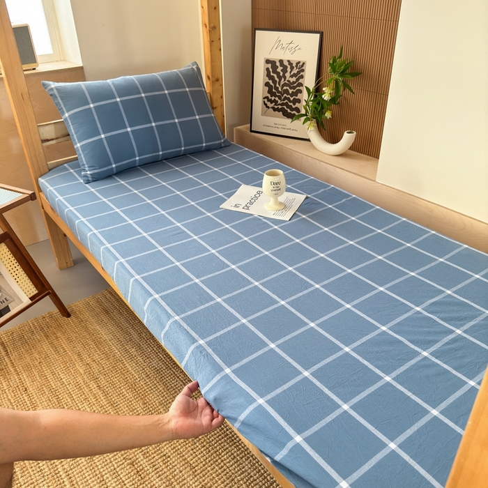 91家纺网 家纺一手货源 找家纺 北欧良品2025新款色织水洗棉学生单品床单 纯棉-海蓝大格