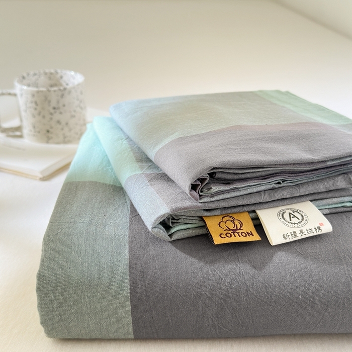 91家纺网 家纺一手货源 找家纺 北欧良品2025新款色织水洗棉学生单品床单 纯棉-灰绿大格