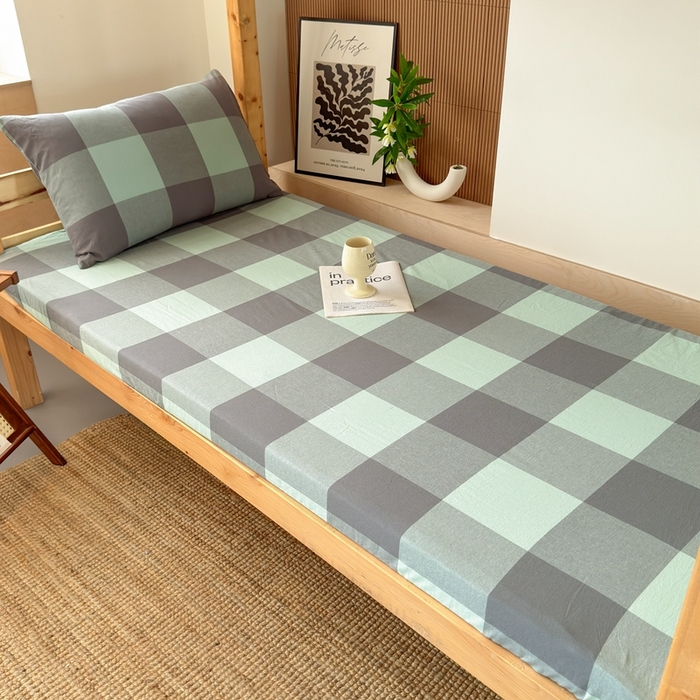 91家纺网 家纺一手货源 找家纺 北欧良品2025新款色织水洗棉学生单品床单 纯棉-灰绿大格