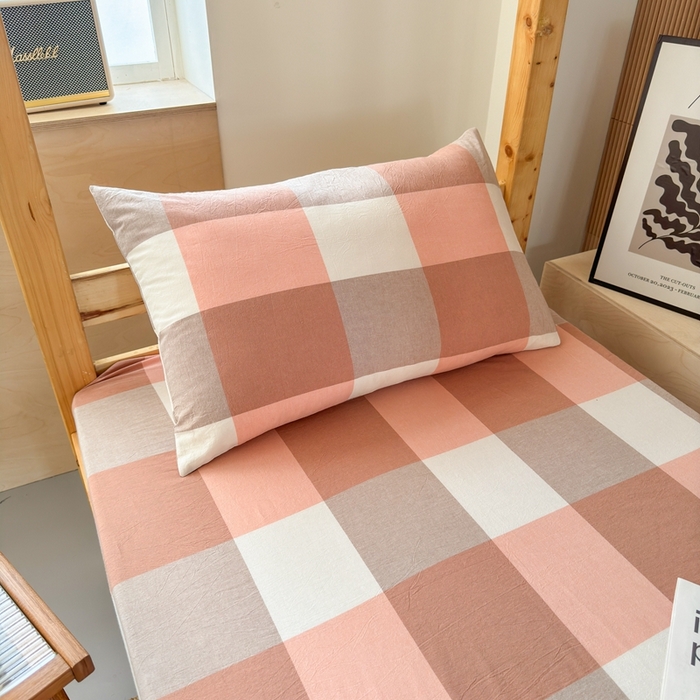 91家纺网 家纺一手货源 找家纺 北欧良品2025新款色织水洗棉学生单品床单 纯棉-蜜粉大格