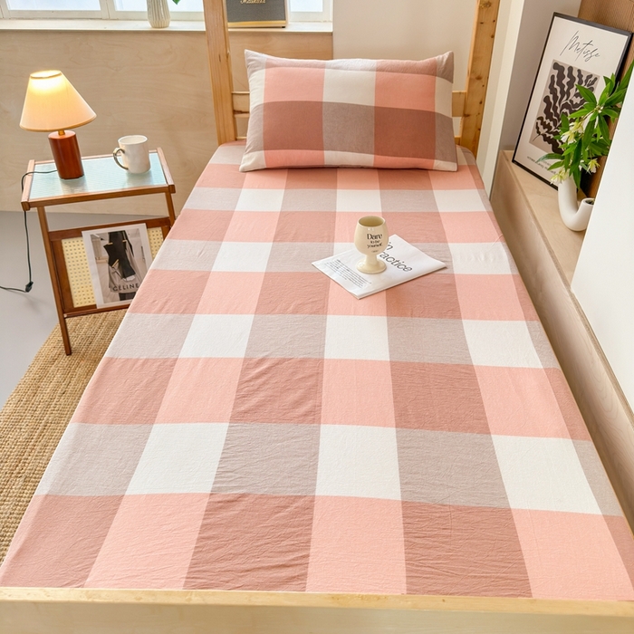 91家纺网 家纺一手货源 找家纺 北欧良品2025新款色织水洗棉学生单品床单 纯棉-蜜粉大格