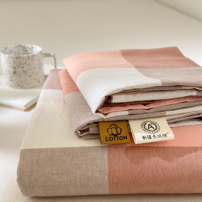 91家纺网 家纺一手货源 找家纺 北欧良品2025新款色织水洗棉学生单品床单 纯棉-蜜粉大格