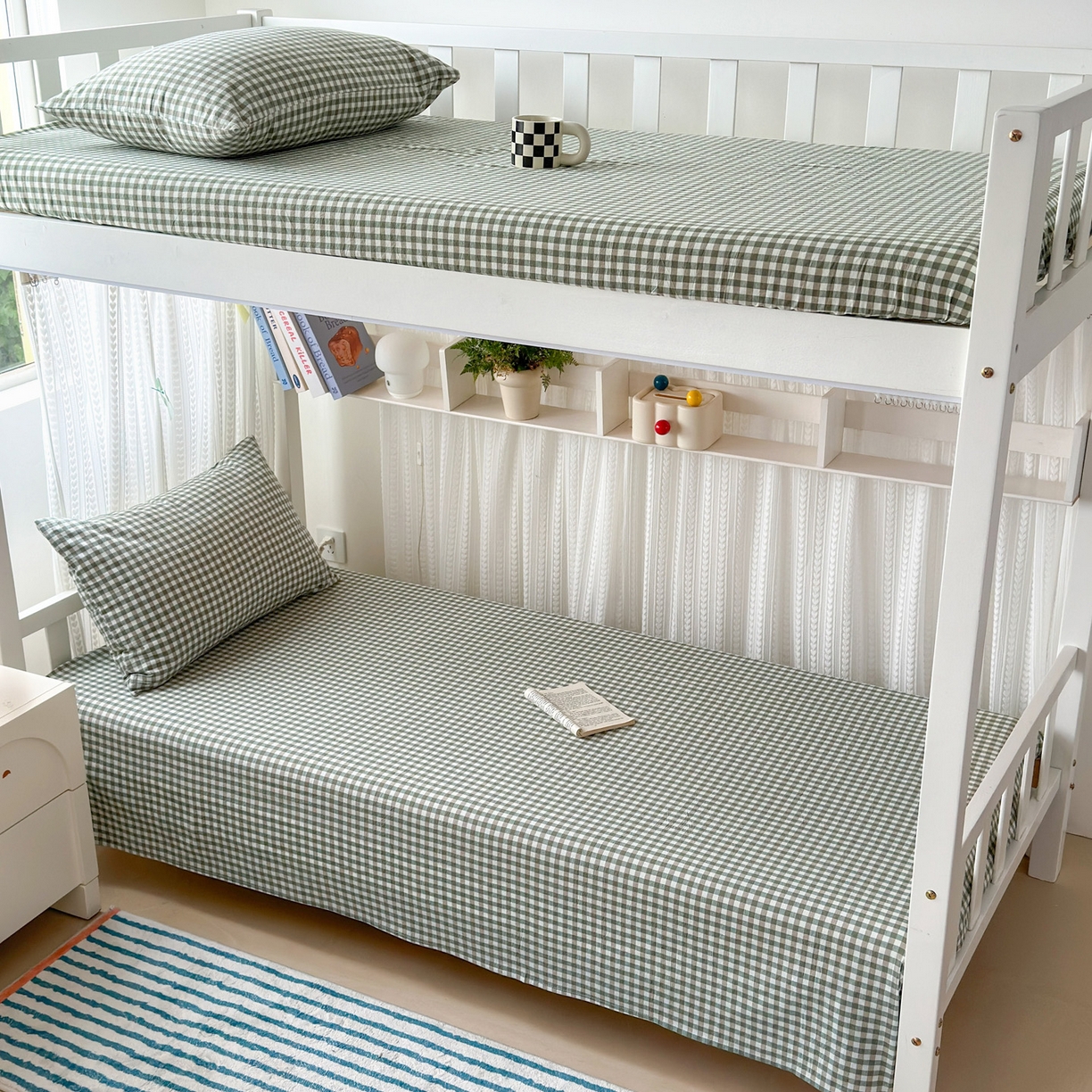 91家纺网 家纺一手货源 找家纺 北欧良品2025新款色织水洗棉学生单品床单 纯棉-草绿小格