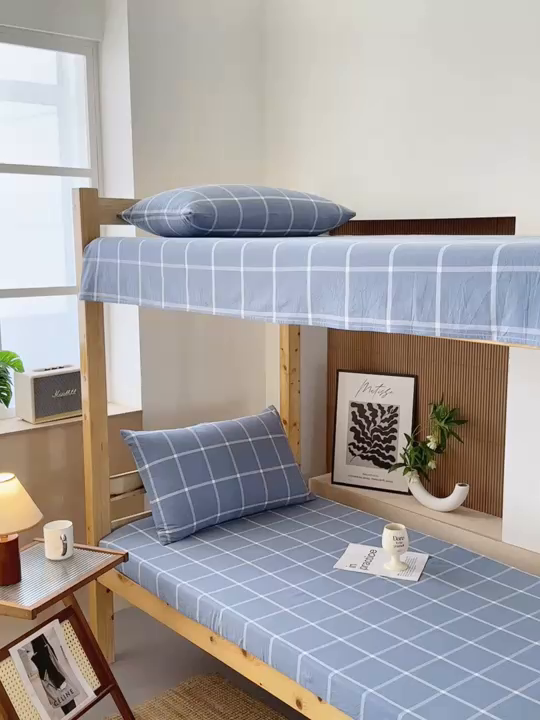 91家纺网 家纺一手货源 找家纺 北欧良品2025新款色织水洗棉学生单品床单 纯棉-海蓝大格