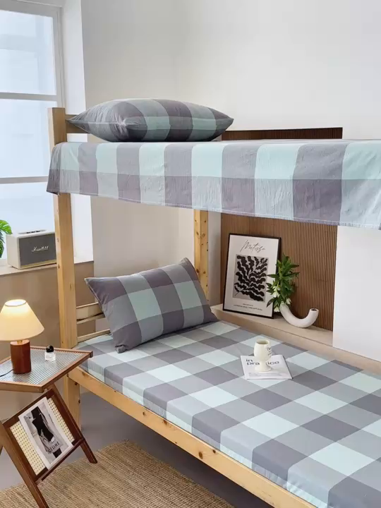 91家纺网 家纺一手货源 找家纺 北欧良品2025新款色织水洗棉学生单品床单 纯棉-灰绿大格