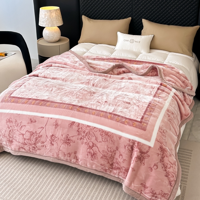 91家纺网 家纺一手货源 找家纺 法莱妮毛毯 2025新款A类双层加厚拉舍尔天丝超柔云毯万紫千红