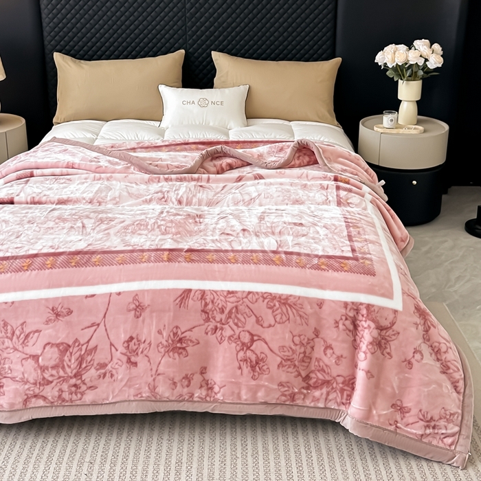 91家纺网 家纺一手货源 找家纺 法莱妮毛毯 2025新款A类双层加厚拉舍尔天丝超柔云毯万紫千红