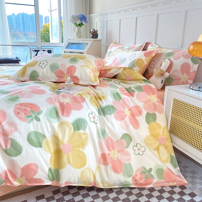 91家纺网 家纺一手货源 找家纺 小叮当家纺仓储工厂店 （爆款花型 长期款 不断货）2025年新款简约条纹卡通花卉全棉纯棉三件套四件套 花季物语