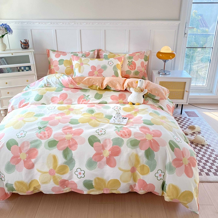 91家纺网 家纺一手货源 找家纺 小叮当家纺仓储工厂店 （爆款花型 长期款 不断货）2025年新款简约条纹卡通花卉全棉纯棉三件套四件套 花季物语