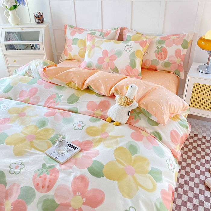 91家纺网 家纺一手货源 找家纺 小叮当家纺仓储工厂店 （爆款花型 长期款 不断货）2025年新款简约条纹卡通花卉全棉纯棉三件套四件套 花季物语