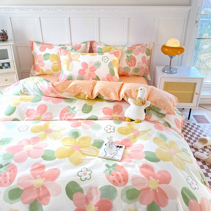 91家纺网 家纺一手货源 找家纺 小叮当家纺仓储工厂店 （爆款花型 长期款 不断货）2025年新款简约条纹卡通花卉全棉纯棉三件套四件套 花季物语