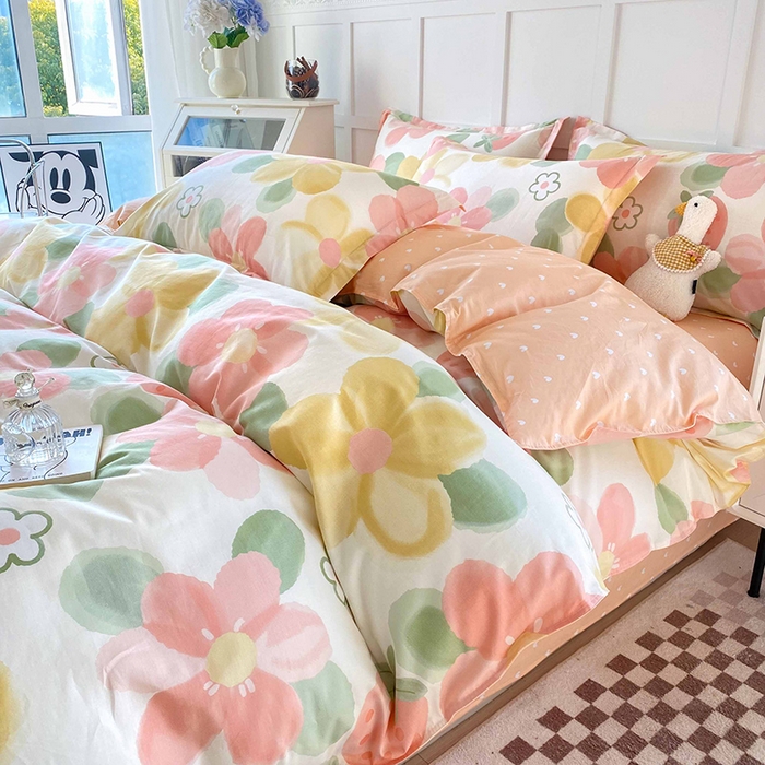 91家纺网 家纺一手货源 找家纺 小叮当家纺仓储工厂店 （爆款花型 长期款 不断货）2025年新款简约条纹卡通花卉全棉纯棉三件套四件套 花季物语