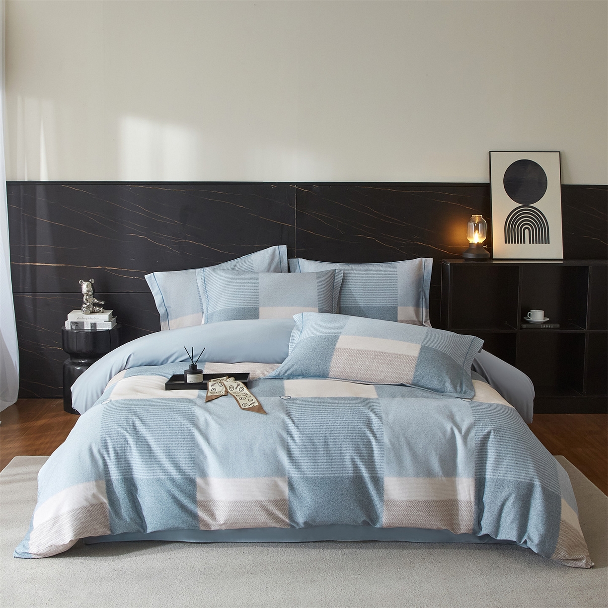 91家纺网 家纺一手货源 找家纺 曼秀琳 2025秋冬新款32支超柔生态磨毛四件套 沐弦-蓝