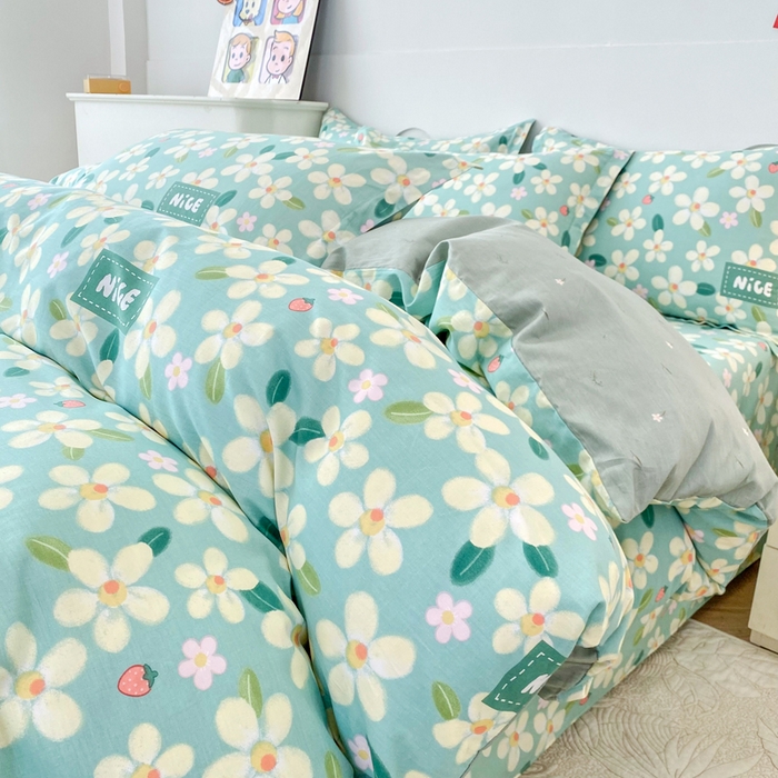 小叮当家纺仓储工厂店 （爆款花型 长期款 不断货）2025年新款简约条纹卡通花卉全棉纯棉三件套四件套 花满城-绿