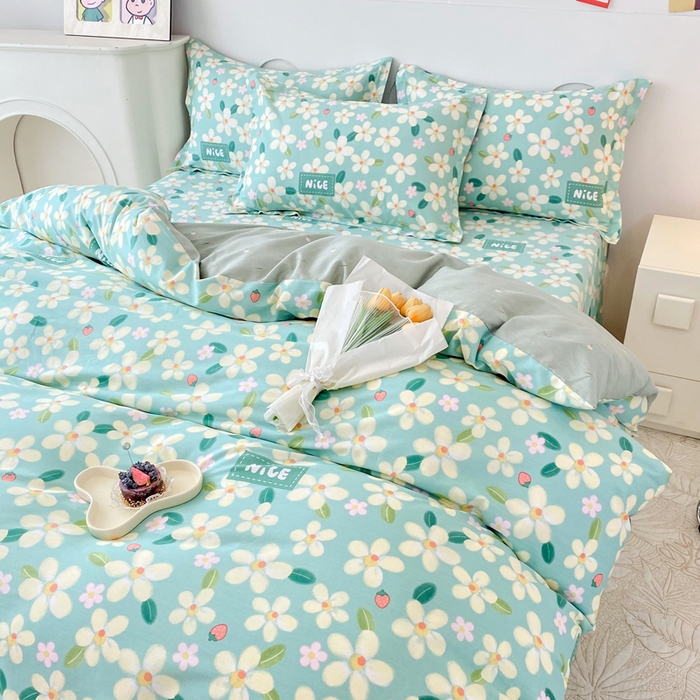 91家纺网 家纺一手货源 找家纺 小叮当家纺仓储工厂店 （爆款花型 长期款 不断货）2025年新款简约条纹卡通花卉全棉纯棉三件套四件套 花满城-绿