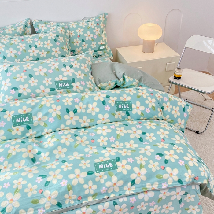 91家纺网 家纺一手货源 找家纺 小叮当家纺仓储工厂店 （爆款花型 长期款 不断货）2025年新款简约条纹卡通花卉全棉纯棉三件套四件套 花满城-绿