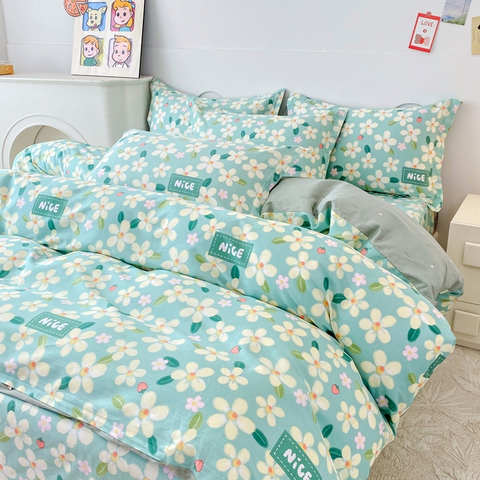 91家纺网 家纺一手货源 找家纺 小叮当家纺仓储工厂店 （爆款花型 长期款 不断货）2025年新款简约条纹卡通花卉全棉纯棉三件套四件套 花满城-绿