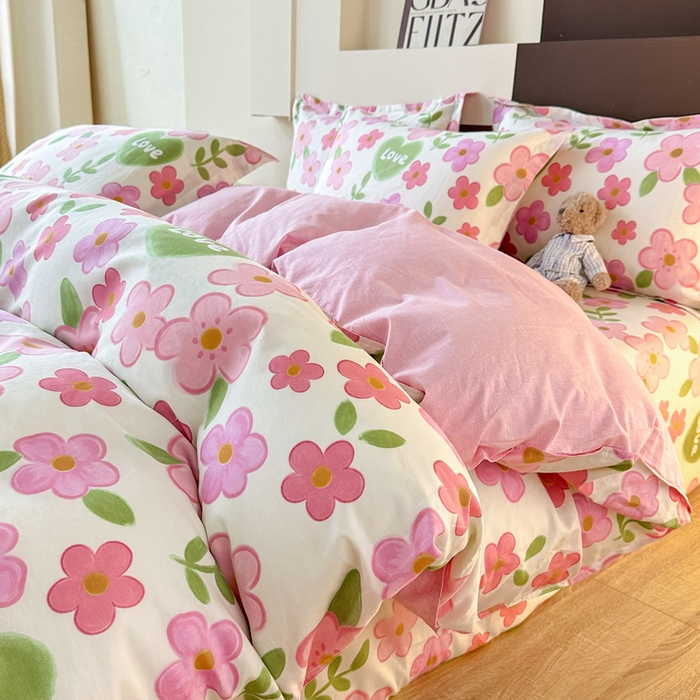 小叮当家纺仓储工厂店 （爆款花型 长期款 不断货）2025年新款简约条纹卡通花卉全棉纯棉三件套四件套 花夏未央-粉