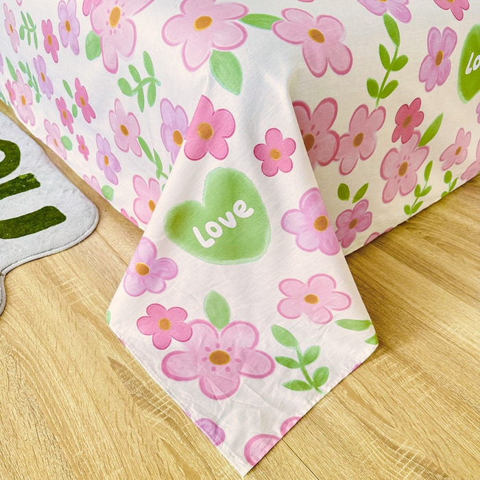 91家纺网 家纺一手货源 找家纺 小叮当家纺仓储工厂店 （爆款花型 长期款 不断货）2025年新款简约条纹卡通花卉全棉纯棉三件套四件套 花夏未央-粉