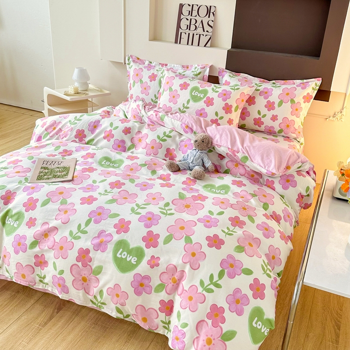 91家纺网 家纺一手货源 找家纺 小叮当家纺仓储工厂店 （爆款花型 长期款 不断货）2025年新款简约条纹卡通花卉全棉纯棉三件套四件套 花夏未央-粉