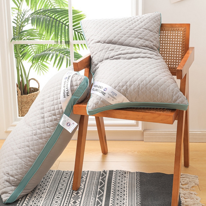 91家纺网 家纺一手货源 找家纺 圣之寐   2025新款新品  格纹冷灰单边双边羽丝绒舒适枕头枕芯 格纹冷灰-宽边灰绿单边重量750克左右 高度15厘米左右