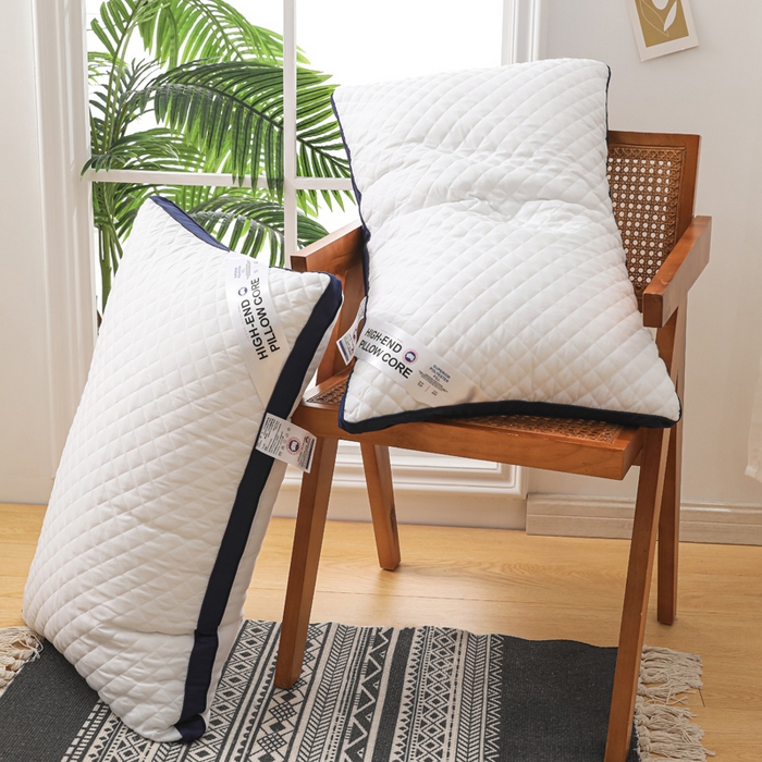 91家纺网 家纺一手货源 找家纺 圣之寐   2025新款新品  格纹冷灰单边双边羽丝绒舒适枕头枕芯 格纹冷灰-宽边蓝白单边重量750克左右 高度15厘米左右