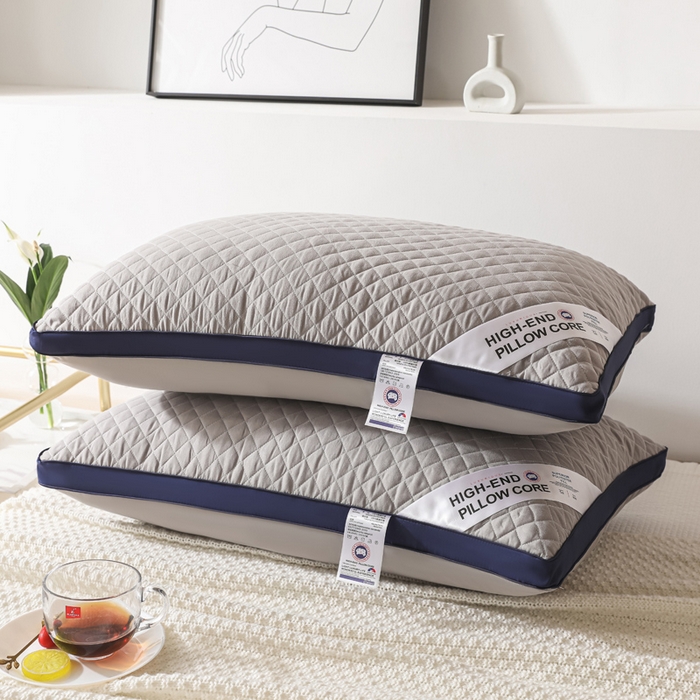圣之寐   2025新款新品  格纹冷灰单边双边羽丝绒舒适枕头枕芯 格纹冷灰-宽边蓝灰单边重量750克左右 高度15厘米左右