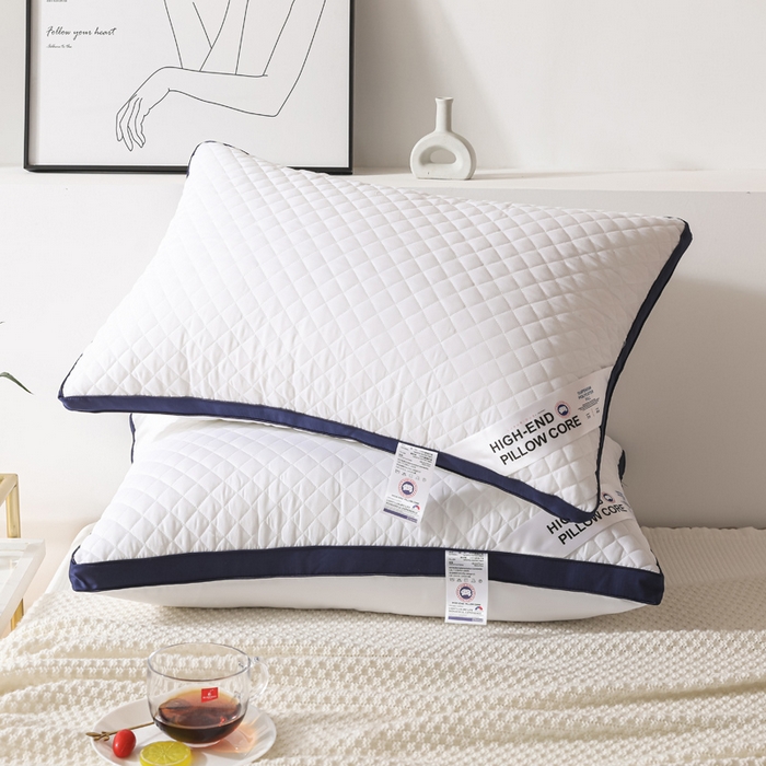 圣之寐   2025新款新品  格纹冷灰单边双边羽丝绒舒适枕头枕芯 格纹冷灰-宽边蓝白双边低枕重量750克左右 高度15厘米左右