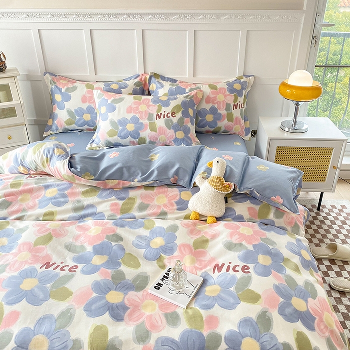 91家纺网 家纺一手货源 找家纺 小叮当家纺仓储工厂店 （爆款花型 长期款 不断货）2025年新款简约条纹卡通花卉全棉纯棉三件套四件套 蓝海晨光