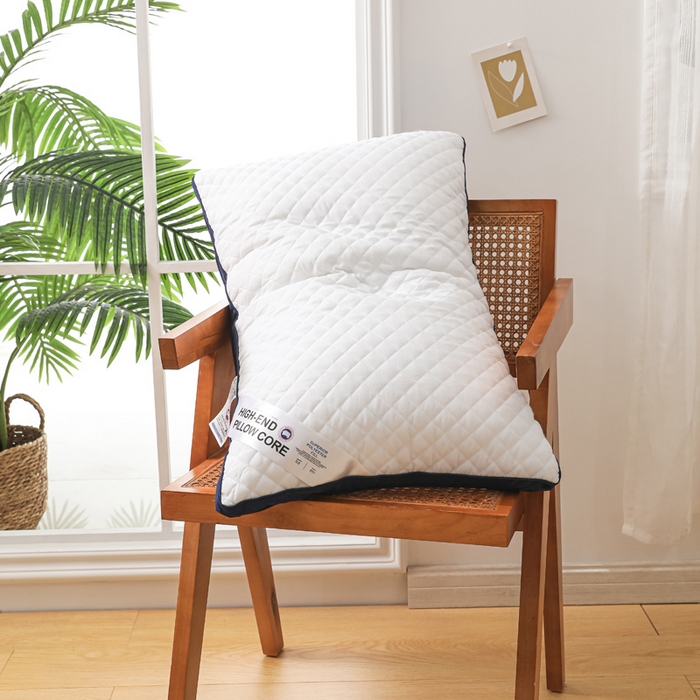 91家纺网 家纺一手货源 找家纺 圣之寐   2025新款新品  格纹冷灰单边双边羽丝绒舒适枕头枕芯 格纹冷灰-宽边蓝白双边高枕重量950克左右 高度20厘米左右 