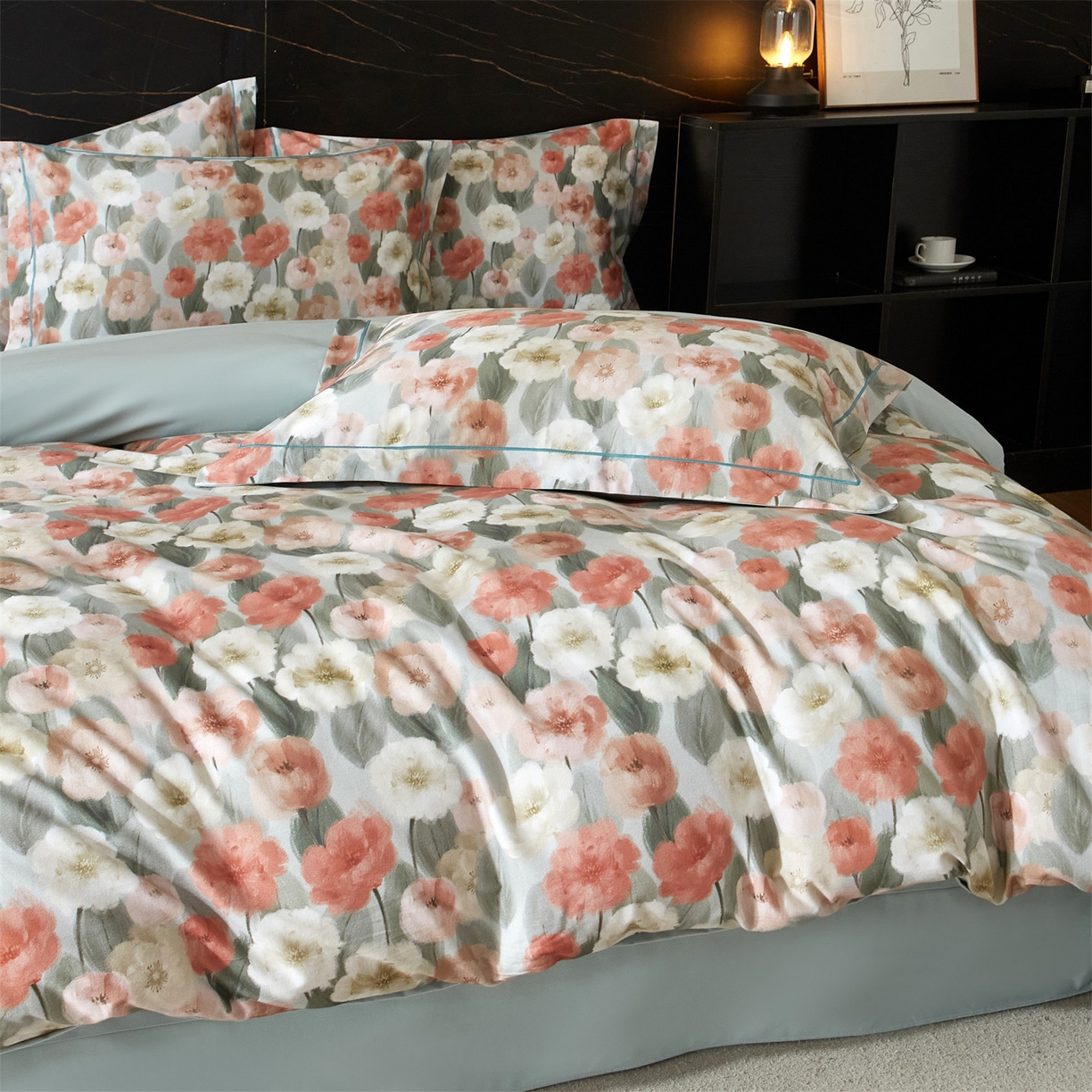 91家纺网 家纺一手货源 找家纺 （总1）曼秀琳2025秋冬新款全棉超柔数码印花磨毛四件套（32*21支） 朵唯-绿